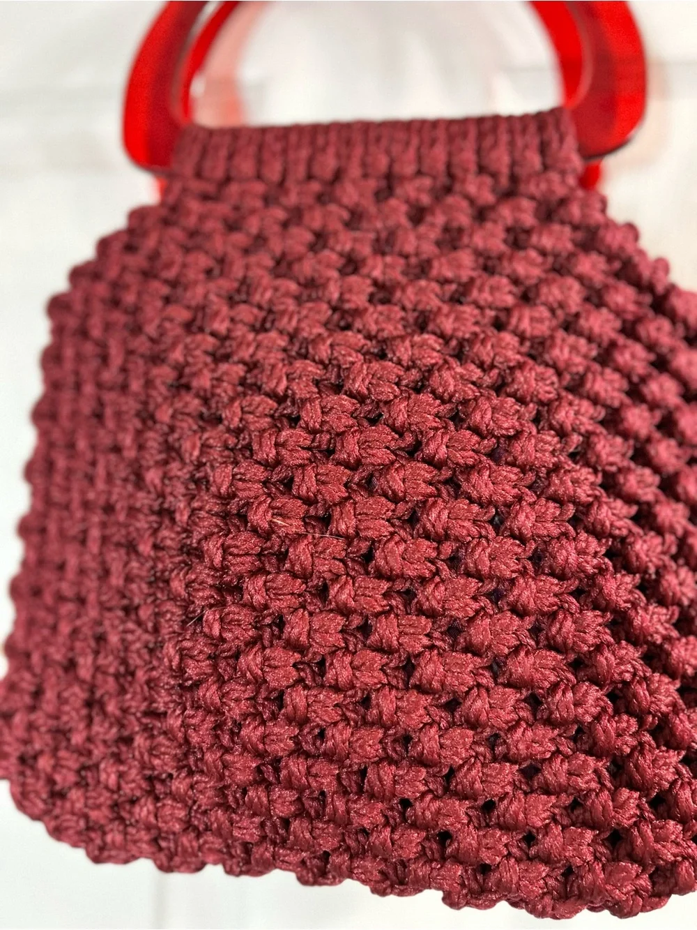 Burgundy Crochet Macrame Handbag Red Acrylic Handle Purse